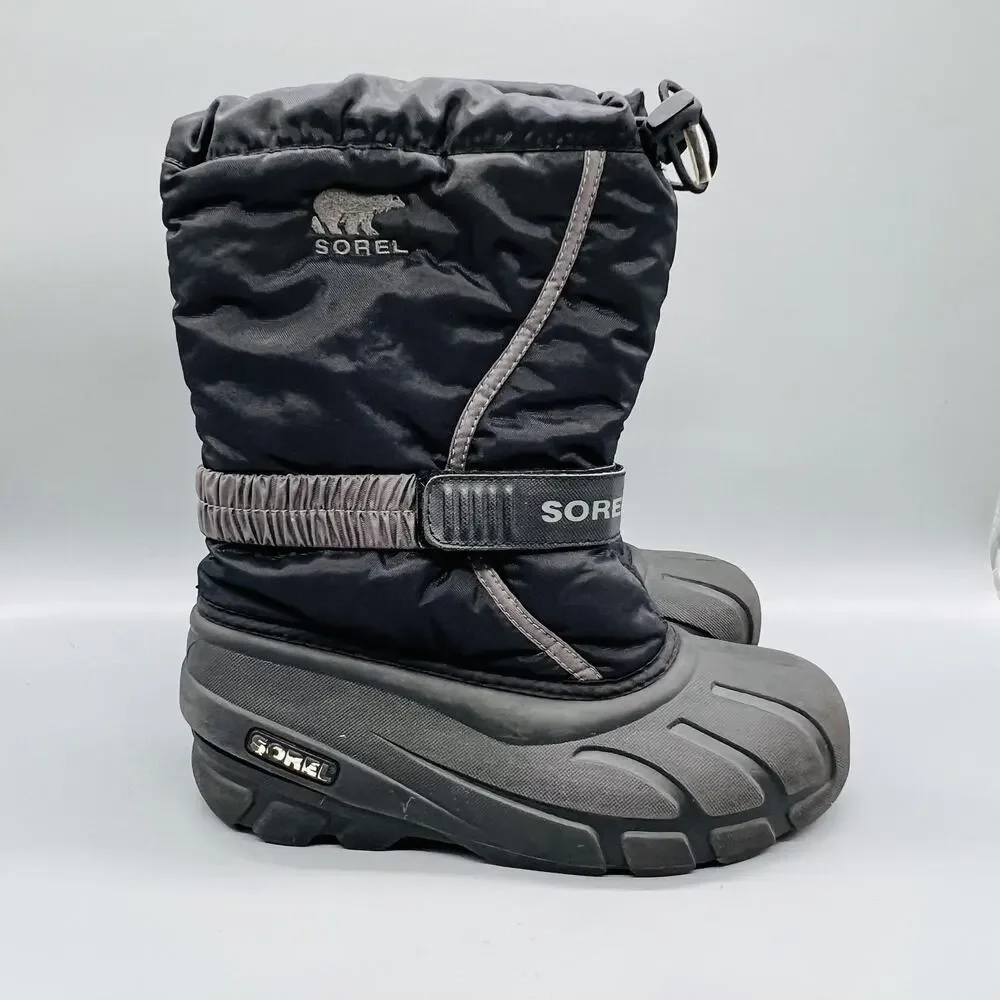Sorel Boots Boys Girls 5 Black Mid Calf Hook & Loop Waterproof Snow Winter Shoes